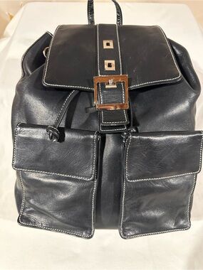 Perlina Black Leather Backpack with Front Pockets and Buckle